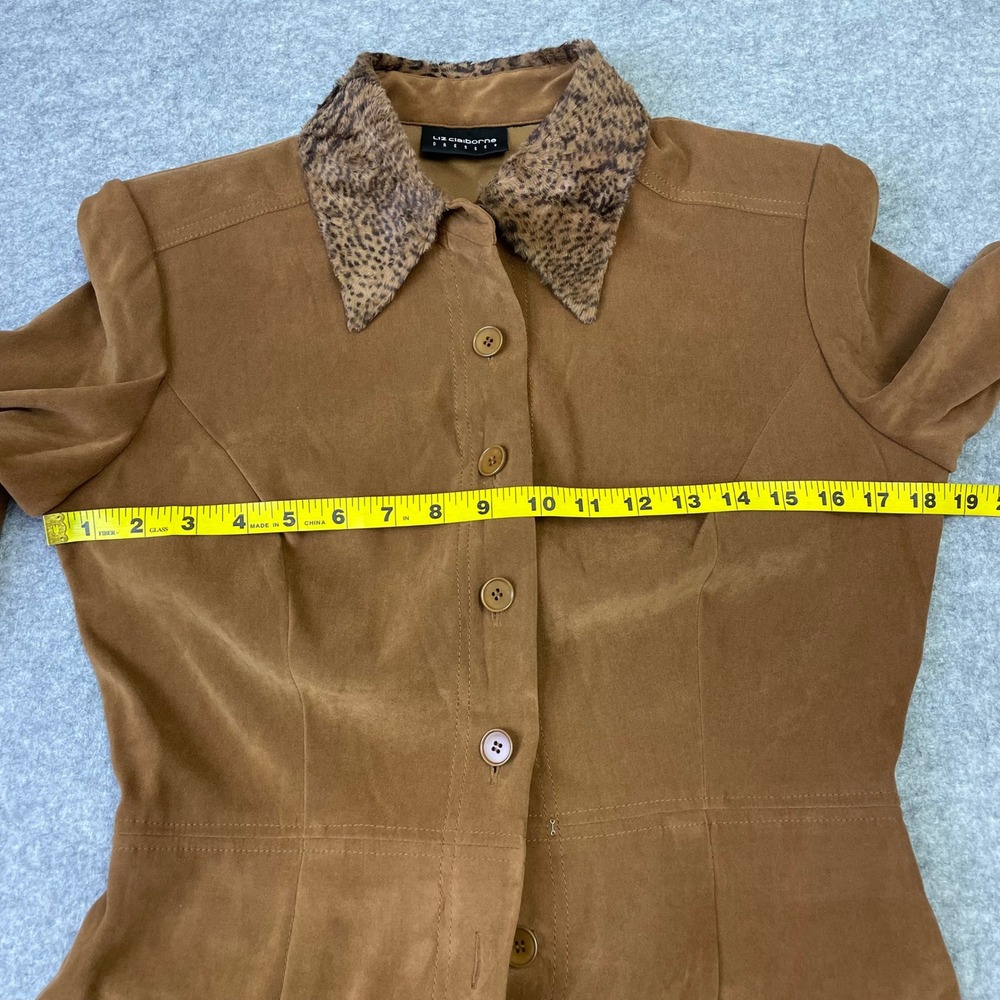 VTG Liz Claiborne Faux Suede Maxi Dress 10 Tan Brown Leopard Faux Fur Collar - Picture 13 of 16